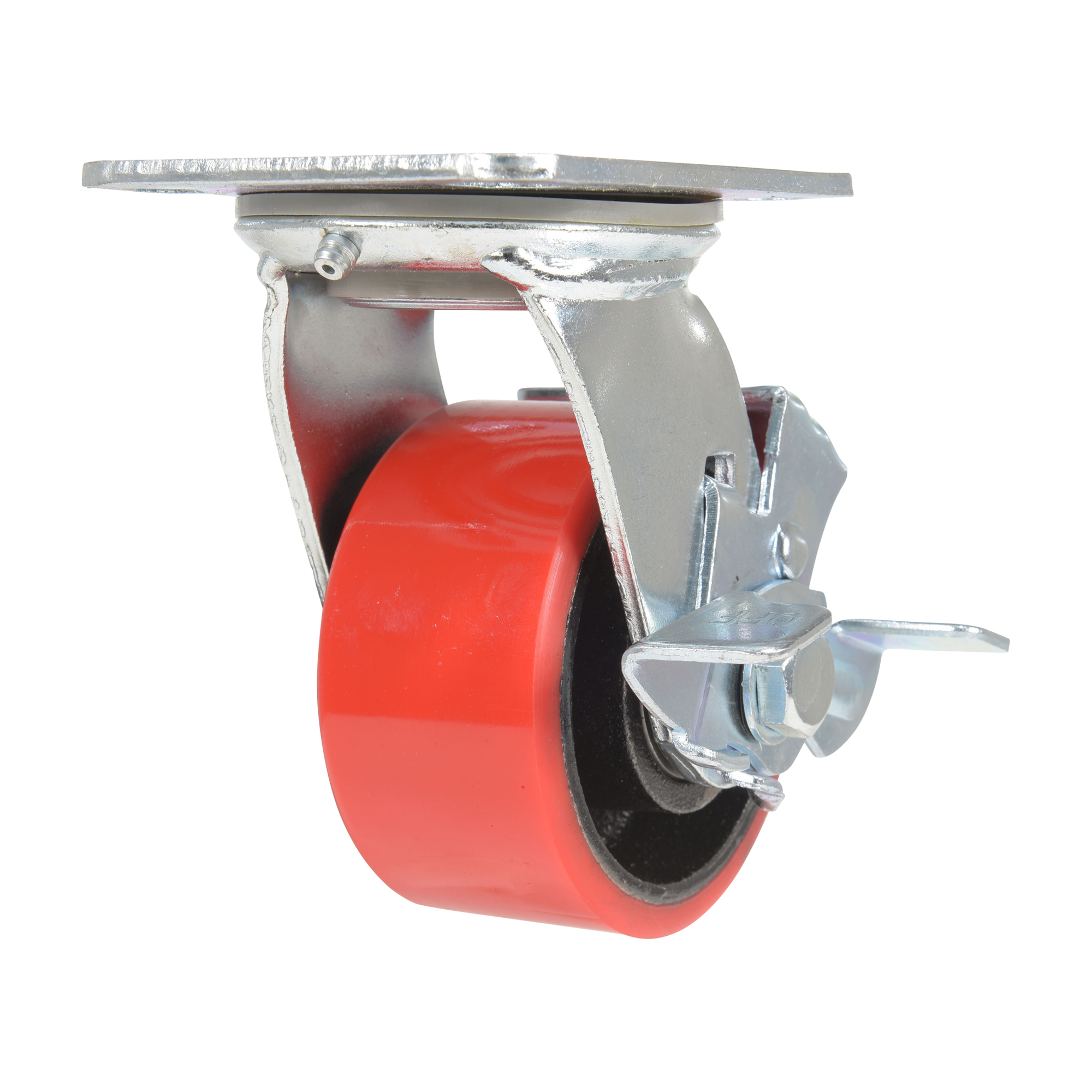 Vestil Polyurethane Swivel Caster with Brake - 4in. x 2in., 792-Lb. Capacity, Non-Marking, Red, Model# CST-VE-4X2PU-SWB